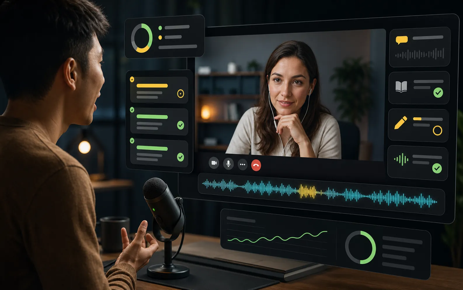Learner speaking while an AI tutor gives real-time language feedback